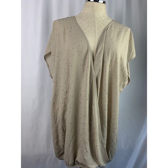 22/24 Lane Bryant Tan Goldtone Jewel Faux Wrap Banded Bottom Top Sheer - Picture 3 of 7